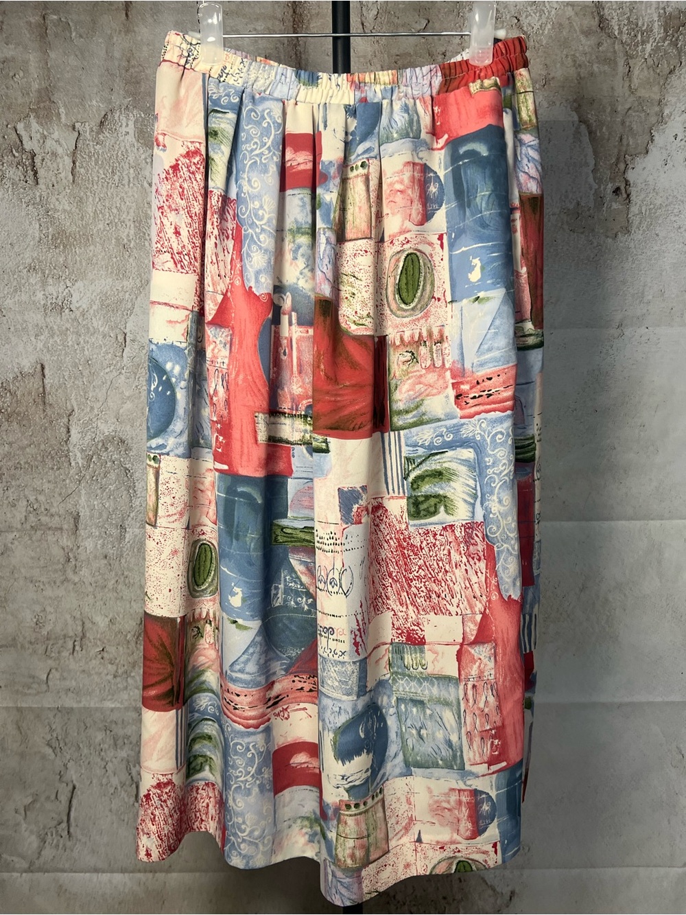 Elastic-Waist Patchwork Midi Skirt - Cream, Red & Blue